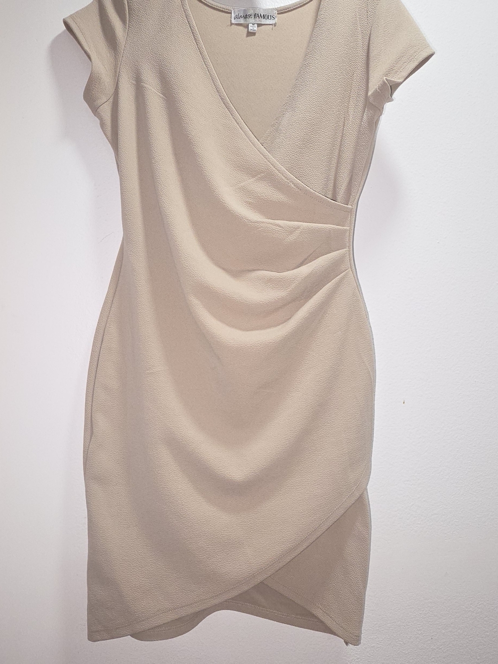 Almost Famous Neutral Beige Faux-Wrap Mini Dress